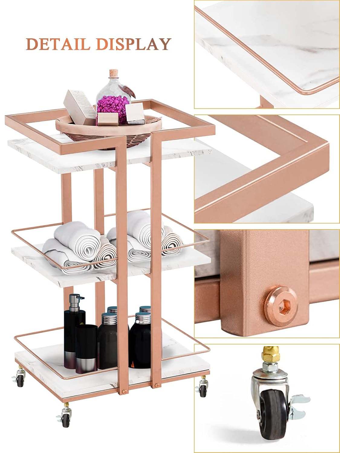 EBANKU 3 Tier Metal Utility Manicure Trolley Rolling Barber Cart With Wheels Multi-purpose Rolling Utility Cart Beauty Makeup SPA Rack Heavy-Duty Trolley Bar Cart Gold (Rose Gold) : Beauty & Personal Care