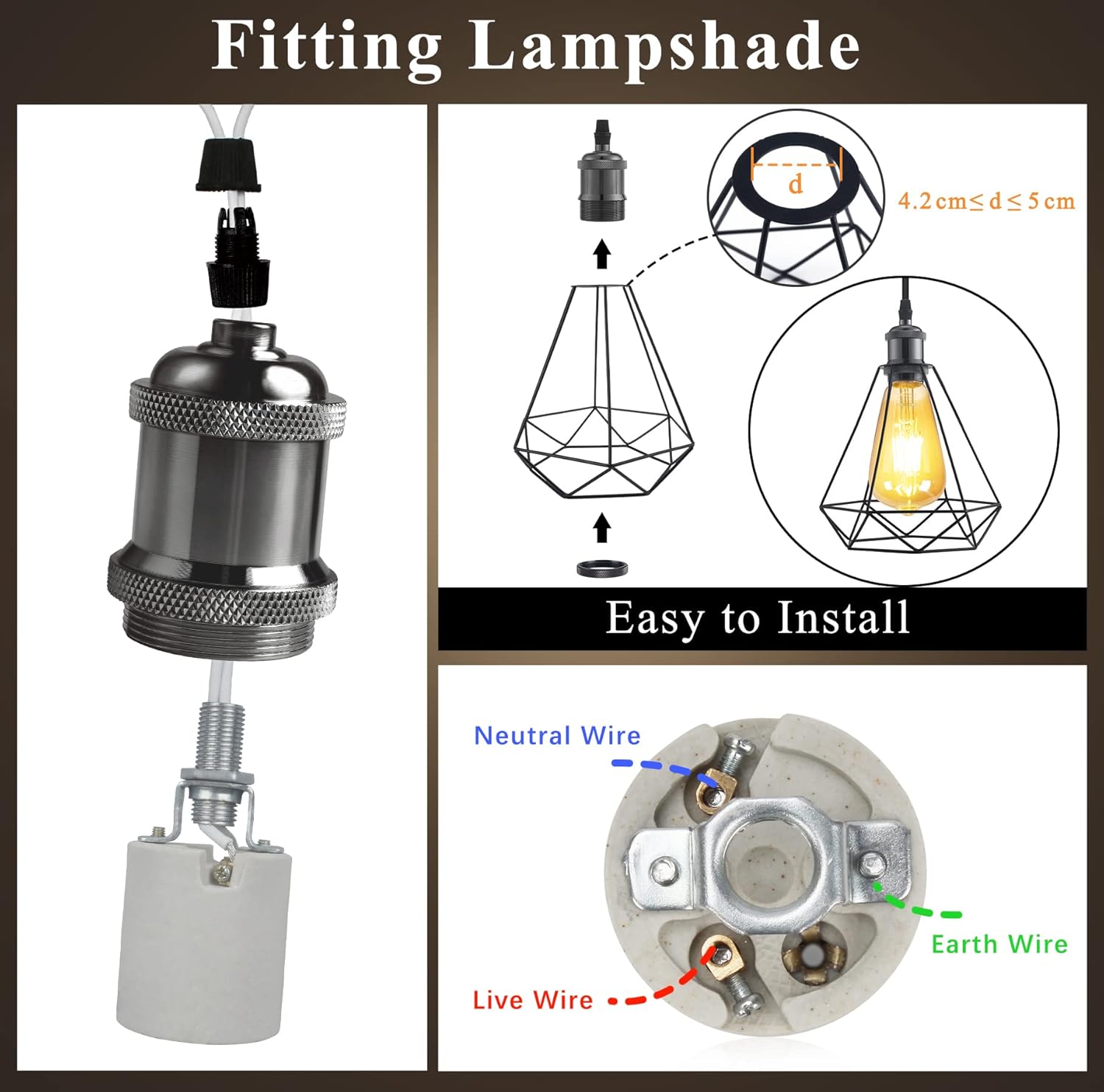 DiCUNO E26 Vintage Lamp Socket, Edison Pendant Light Socket Replacement, Antique Retro Hanging Lamp Holder for Industrial, Decorative, DIY Lighting, 600℃ Heat Resistant, 10 Packs (Color: Pearl Black)