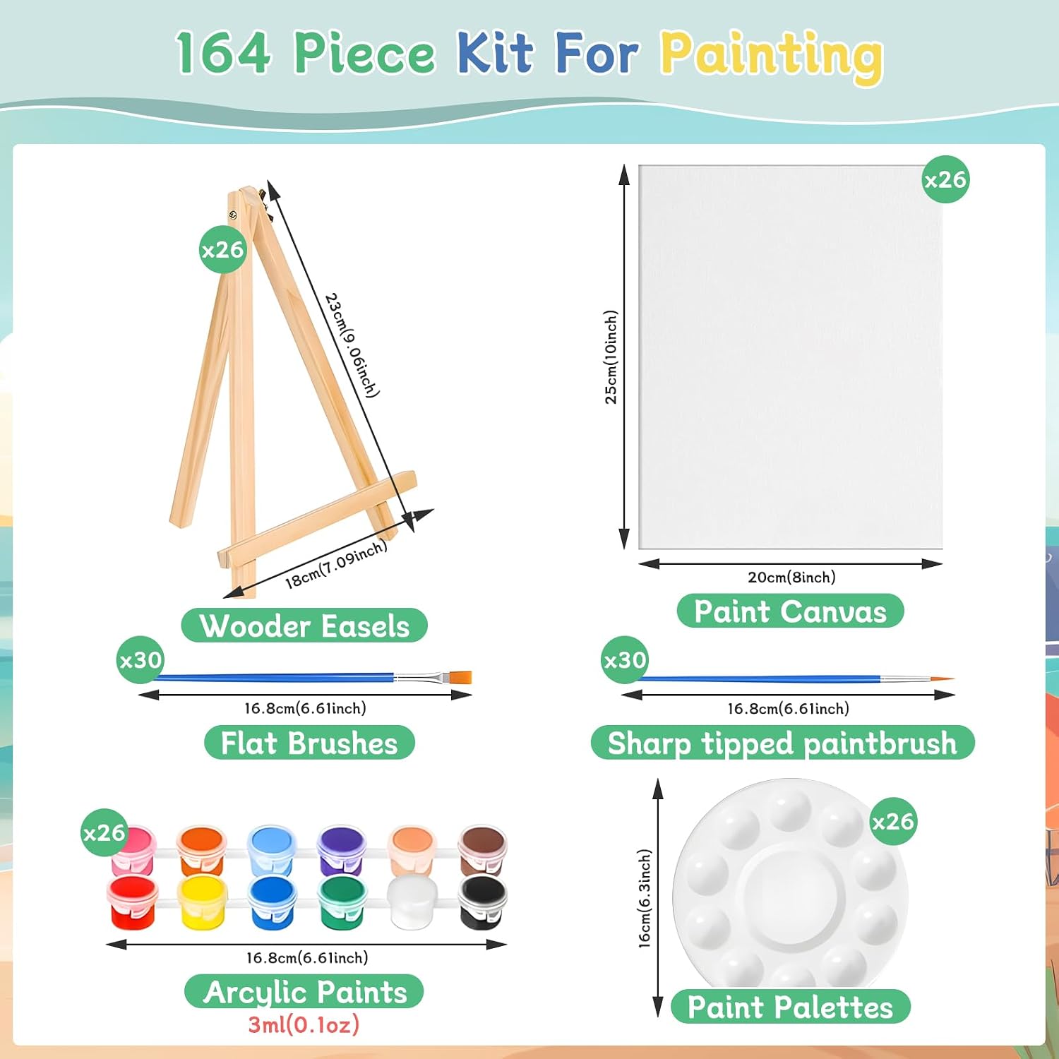 164pcs 8x10 Inch Painting Supplies Kit, 26 Pack Art Canvas Bulk with Easel Stand, 12 Colors Mini Acrylic Paint Set, Small Paint Brushes, Paint Trays, Painting Kit