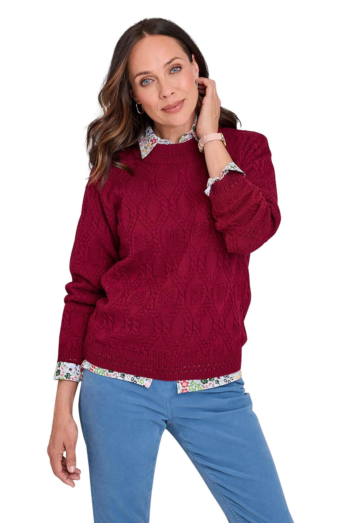Chums Ladies Knit Cable & Diamond Jumper Wine 10-12
