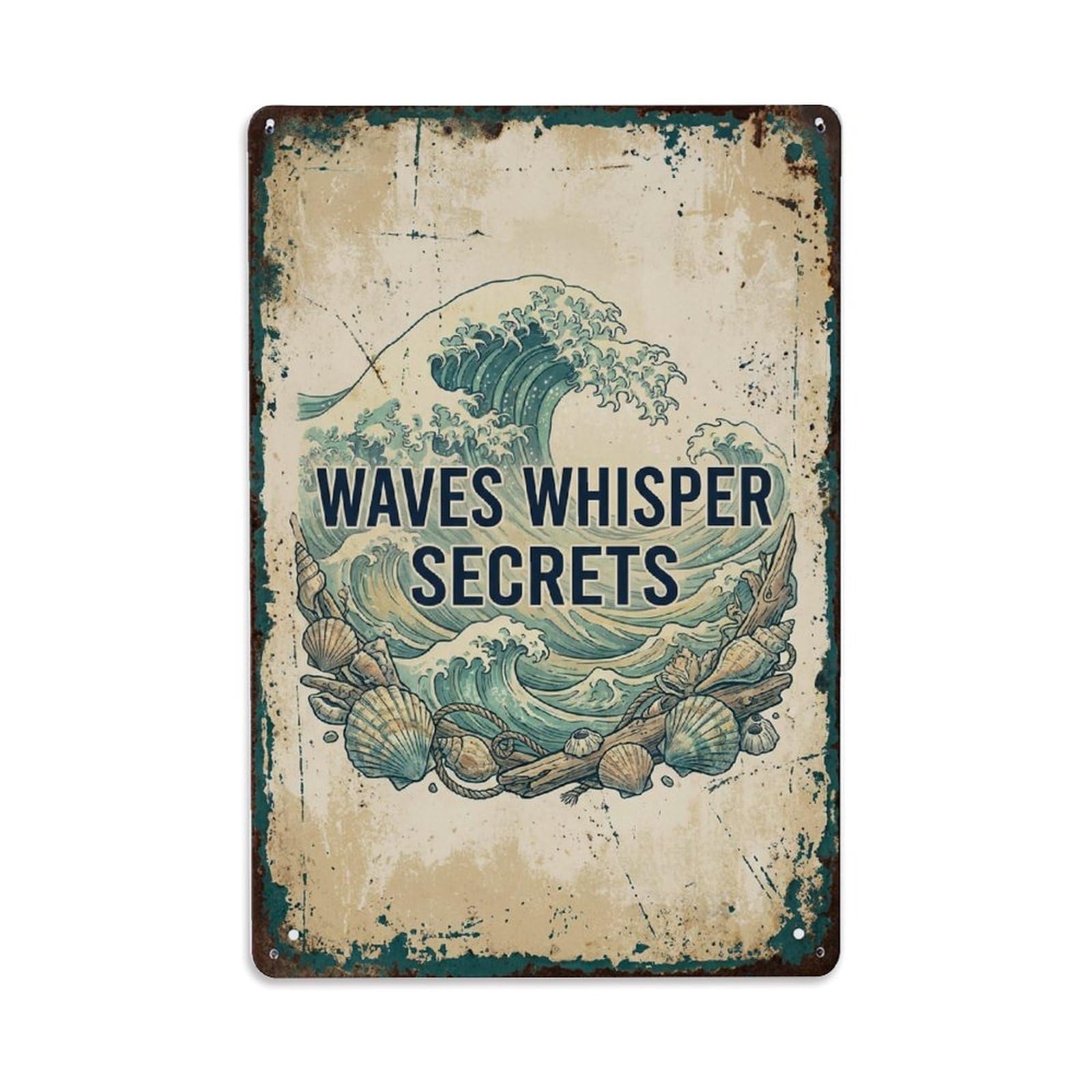 Waves Whisper Secrets Listen Closely Metal Tin Sign Plaque Wall Decor for Cafe, Club Bar, Office, Home Garden Metal Poster 8x12Inch
