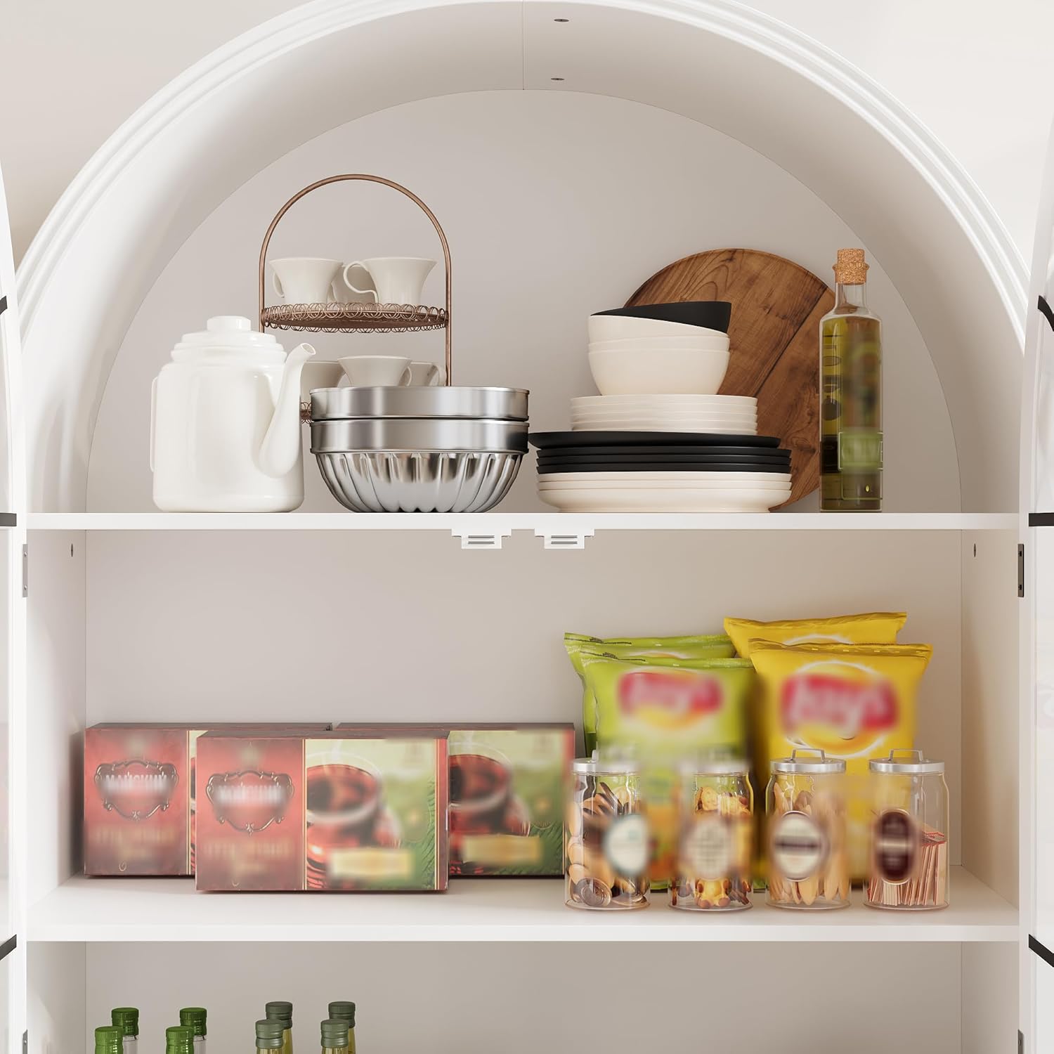 Lovinouse 77.2" Tall Kitchen Pantry Storage Cabinet, White Modern Pantry Organizers Cabinet with Tempered Glass Doors and Shelves, Large Arched Kitchen Cupboard with Storage for Dining Room