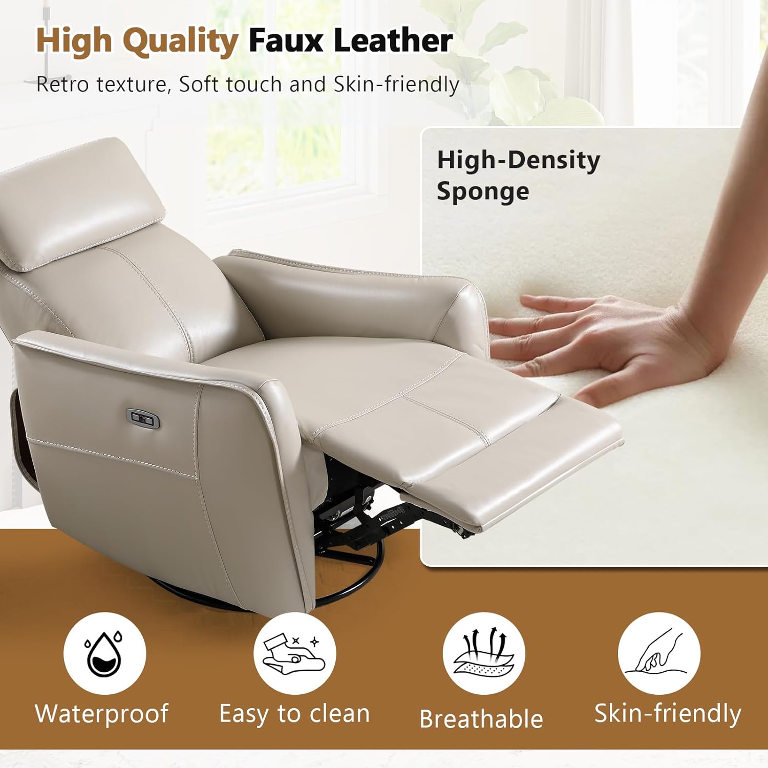 HAOMARKETS Electric Swivel Rocker Recliner Chair, Power Faux Leather Glider Rocking Recliners for Adults,360° Swivel Nursery Reclining Sofa with USB Charging Port, Beige