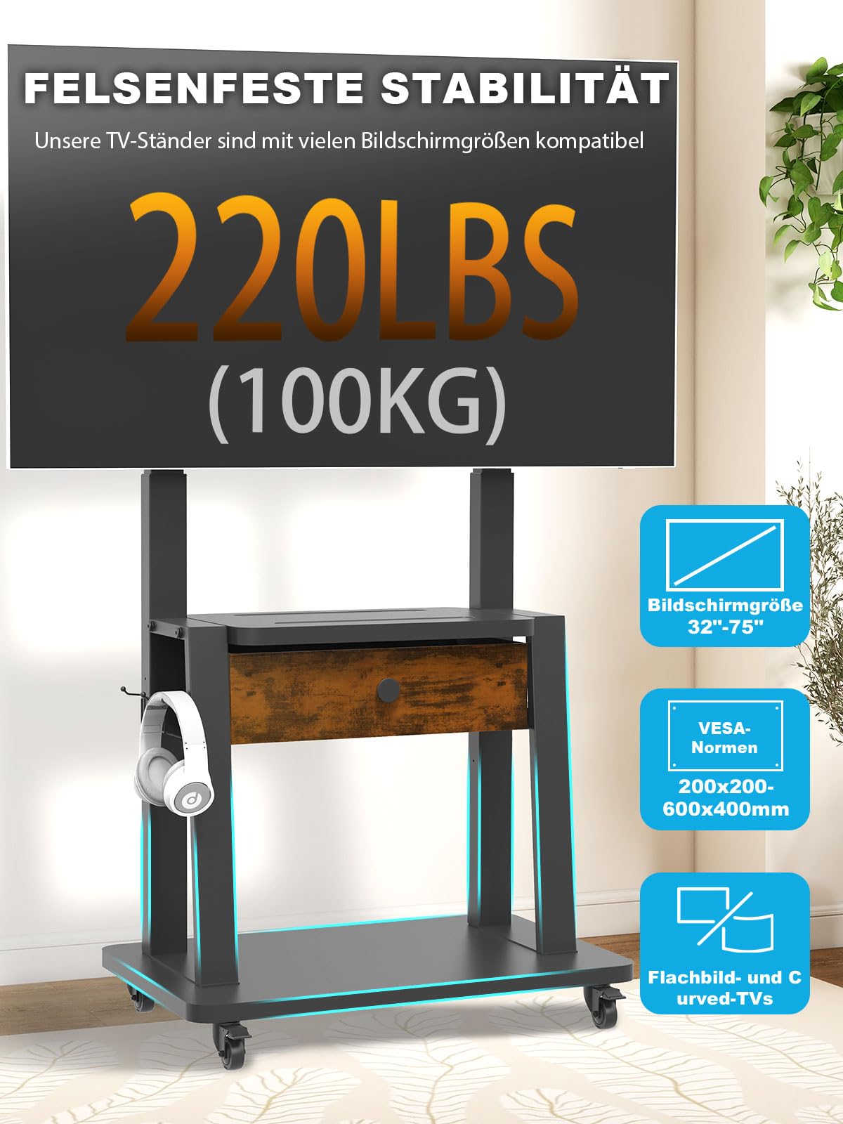 Rollbarer TV-Ständer mit Stoffschublade für 32-75 Zoll Flach/Curved-Bildschirme bis 100 kg LCD/LED/OLED höhenverstellbar mobilm mit Rollen für Zuhause Büro und den Außenbereich, max. VESA 600 x 400mm