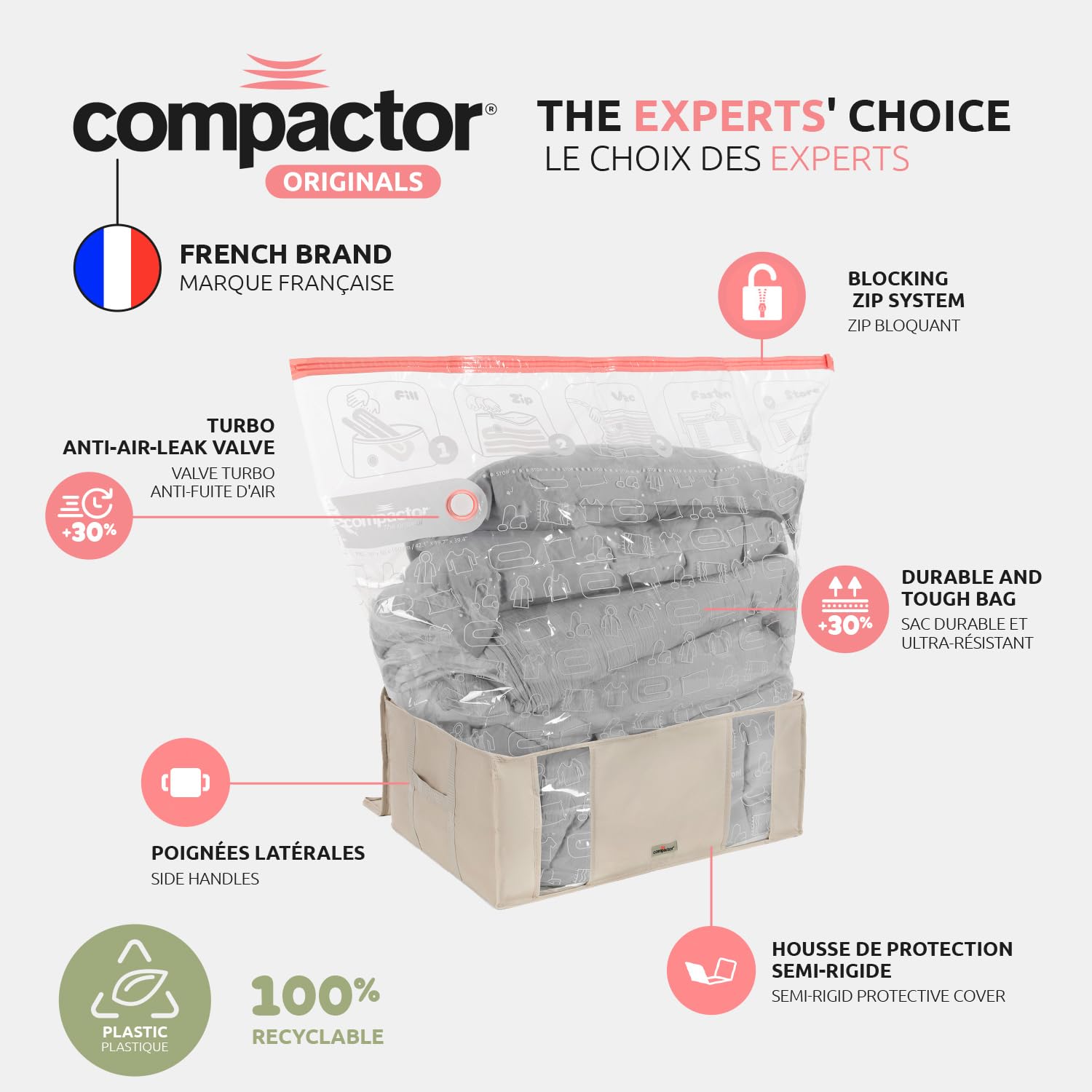 COMPACTOR- Lot de 3 housses de rangement sous vide Taille M - 42 x 40 x H27 cm - Coloris beige - Compression avec aspirateur - Valve brevetée - Grande capacité - Linge protégé
