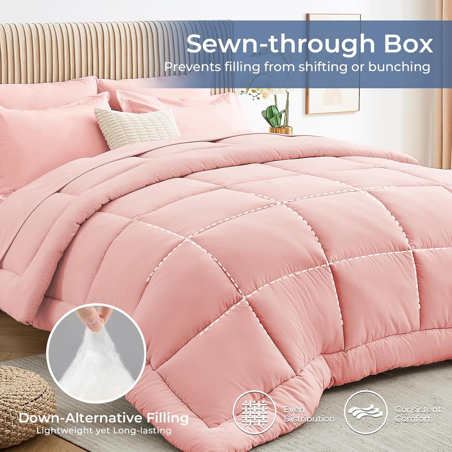 Sasttie Twin XL Comforter Set, 5 Pieces Twin XL Bed in a Bag, Complete Bedding Set Includes Comforter, Flat Sheet, Fitted Sheet, Pillowcase and Pillow Sham, Pink