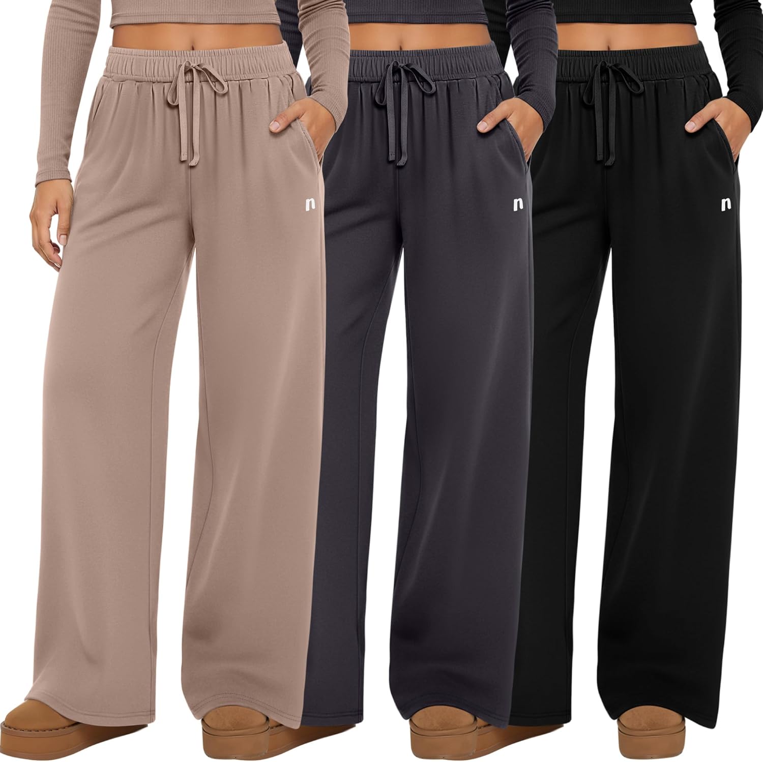 Neer 3 Pack Women's Wide Leg Pants, High Waisted Baggy Cotton Sweatpants Casual Athletic Drawstring Yoga Pants with Pockets