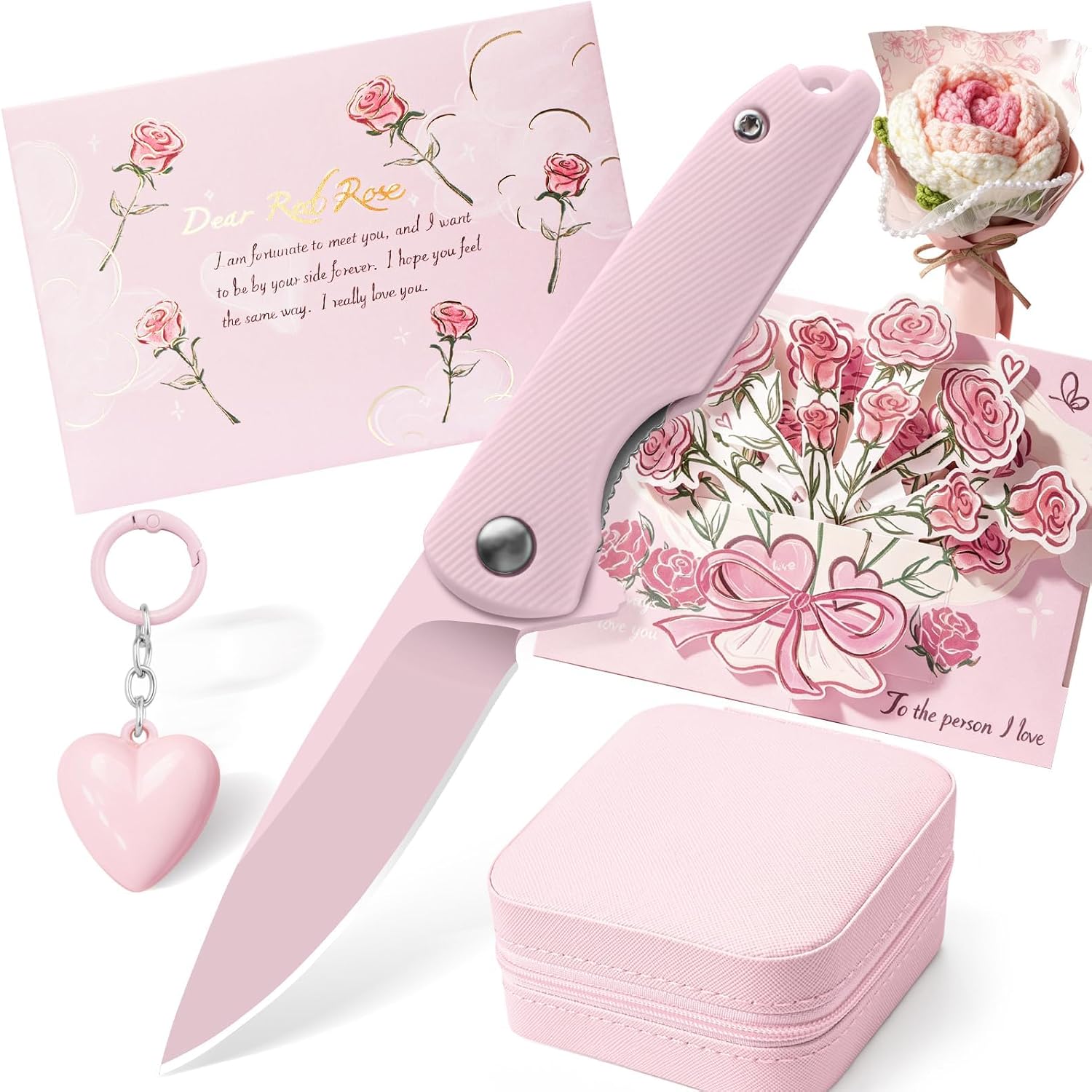 DRACHENADER Romantic Gift for Girlfriend, 5" Mini Pink Pocket Knife Gift Set with Jewelry Box & Handmade Crochet Flower, Cute Birthday Anniversary Valentines Day Gifts, To My Love