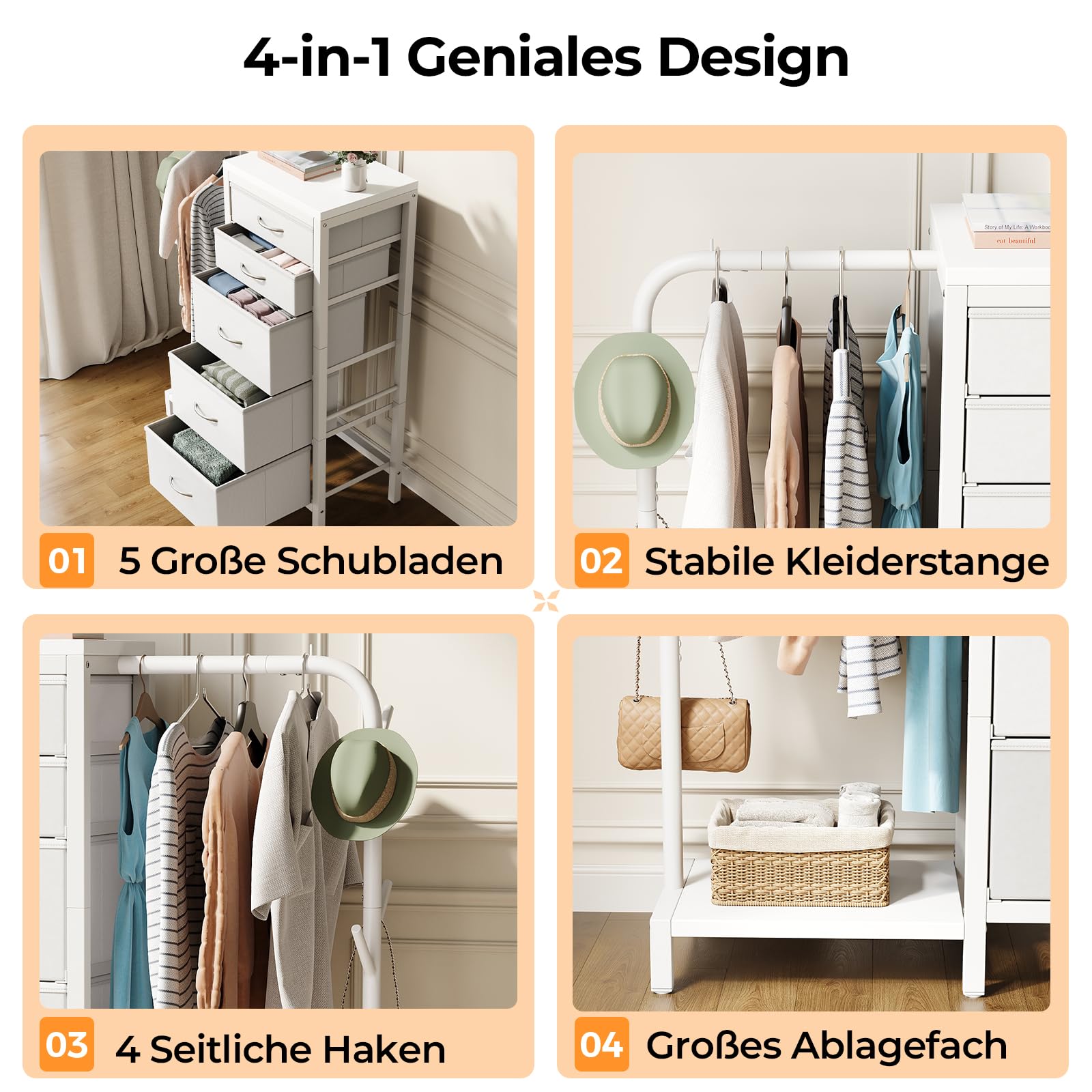 HOMRELEXA Kommode mit Schubladen, Kommode Weiß mit 5 Stoff Schubladen, Kleine Kommodeschrank mit Kleiderstange, Kinderkleiderschrank, Stoffkommode für Schlafzimmer Kinderzimmer Wohnzimmer Flur