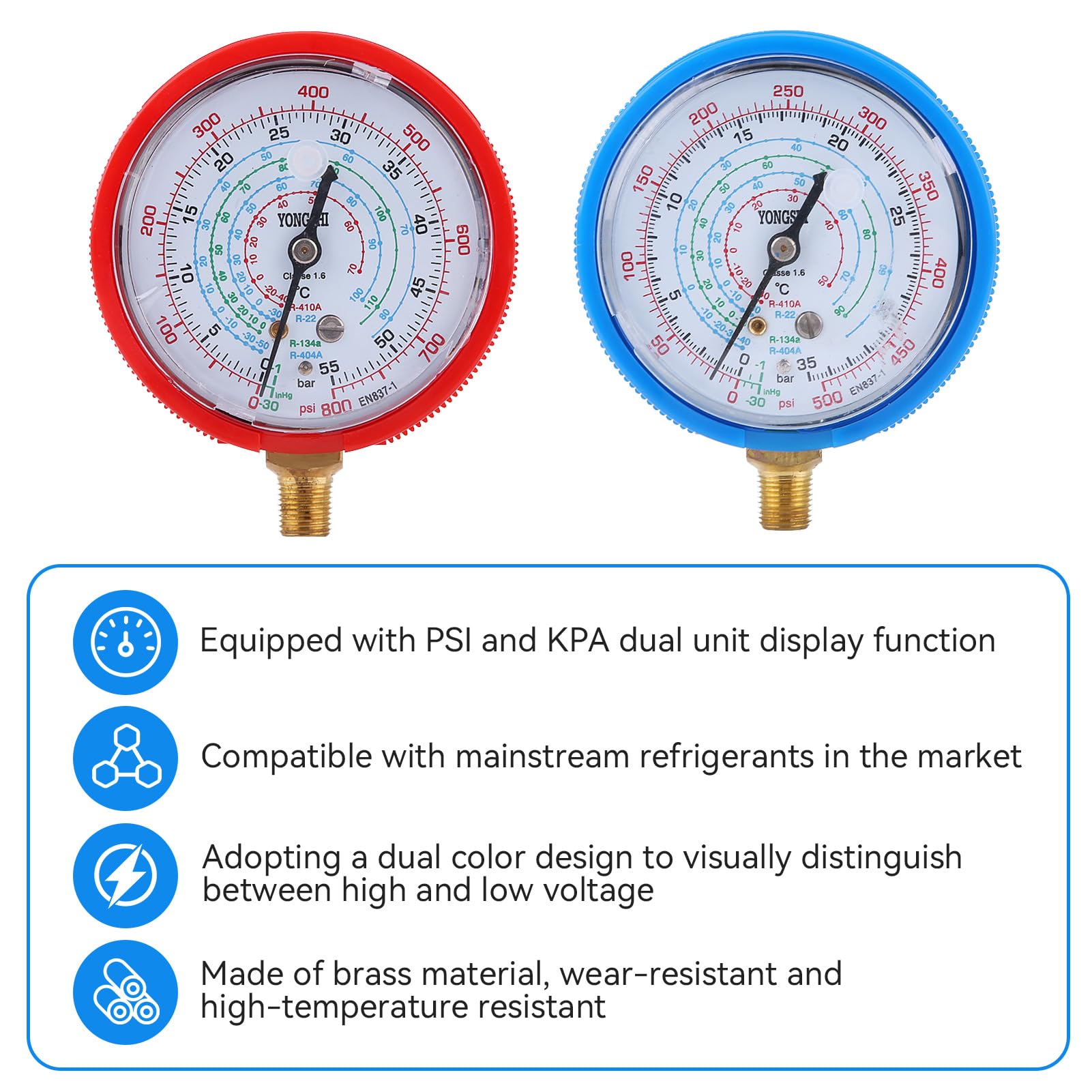 2PCS HVAC Refrigeration Gauge Set – High/Low Pressure – PSI – Red + Blue – Carbole - View #5