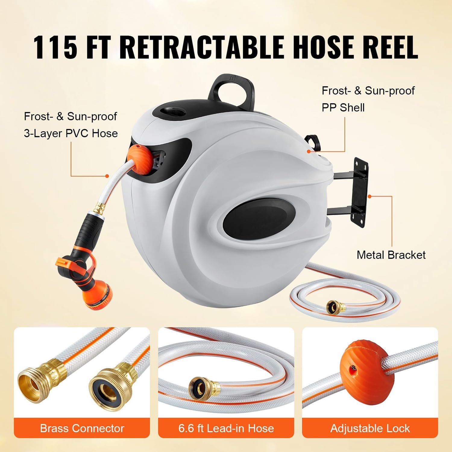 Retractable Garden hose Hose Reel Water Hose Reel 115'x1/2" 180° Swivel Wall-Mounted