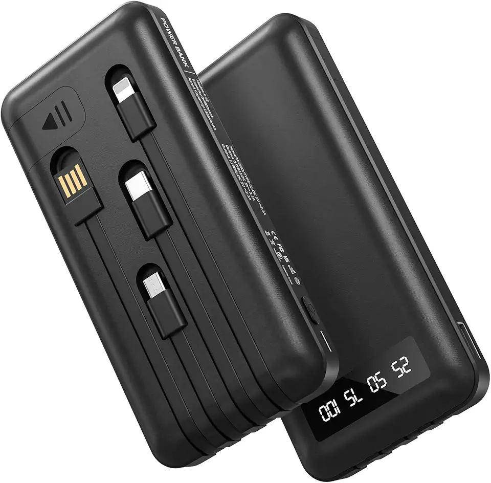 Hicyzoe Powerbank 26800mAh mit 4 integrierten Kabel, 22.5W Power Bank USB C Schnellladefunktion mit LED Display &amp; Halterung, Externe Handyakkus für iPhone 16/15/14/13/12/11 iPad Samsung Galaxy