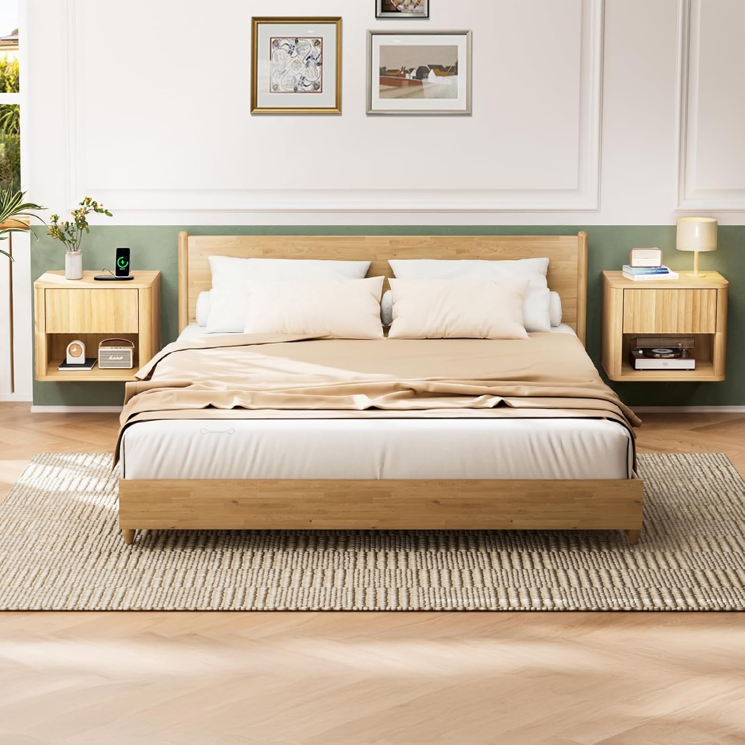 VINGLI Floating Nightstand, Fluted Night Stand Rounded Edge, 1 Drawer Bed Side Table, Storage Oak Nightstand with Drawers, Wood Night Stand End Table for Bedroom, 15.75" W x 11.81" D x12.87 H