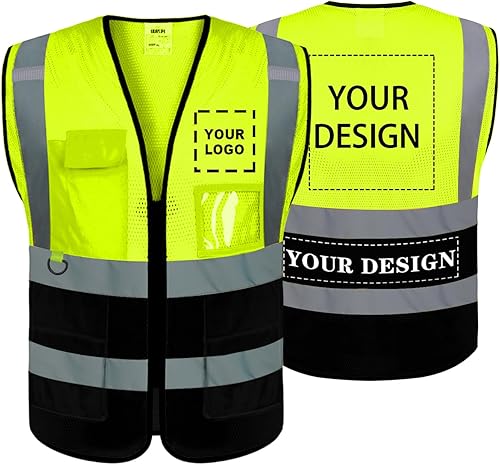 BeautyWill Chaleco de seguridad con logotipo personalizado, Hi Vis Clase 2, chaleco reflectante de construcción unisex con 5 bolsillos