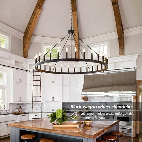 Vista 22 de Candelabro de iluminación de rueda de carro, 6 luces con pantalla de vidrio semillado, lámpara redonda de madera para cocina, isla de vestíbulo