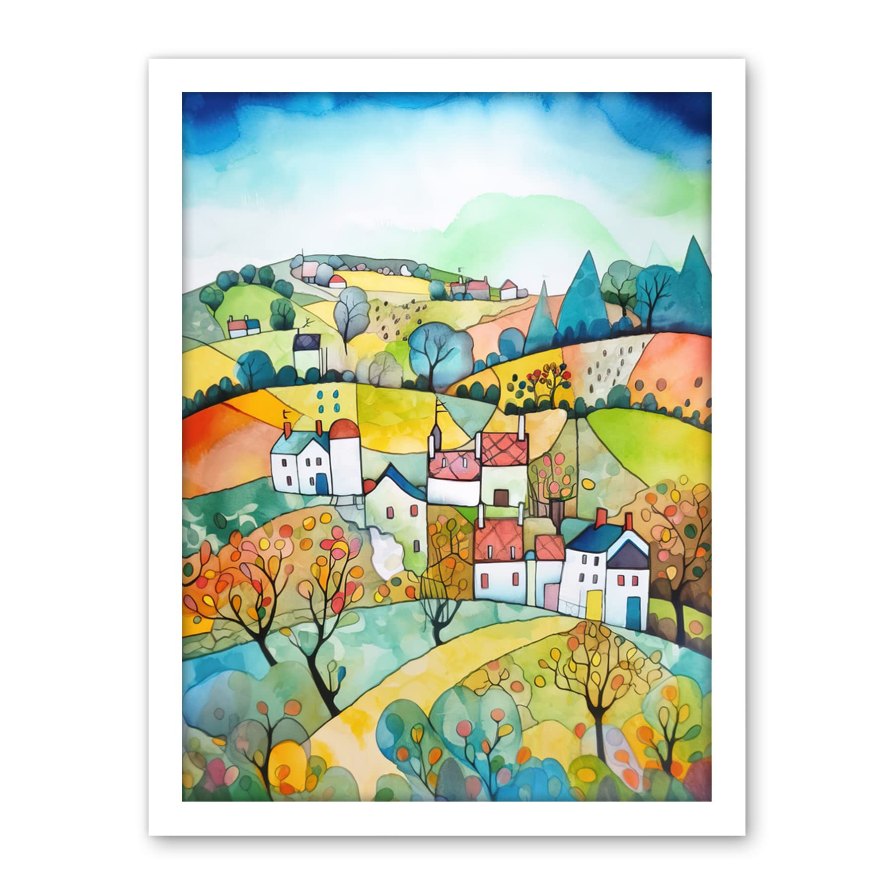 Artery8 English Country Rural Landscape Folk Art Watercolour Painting Artwork Framed Wall Art Print 18X24 Inch