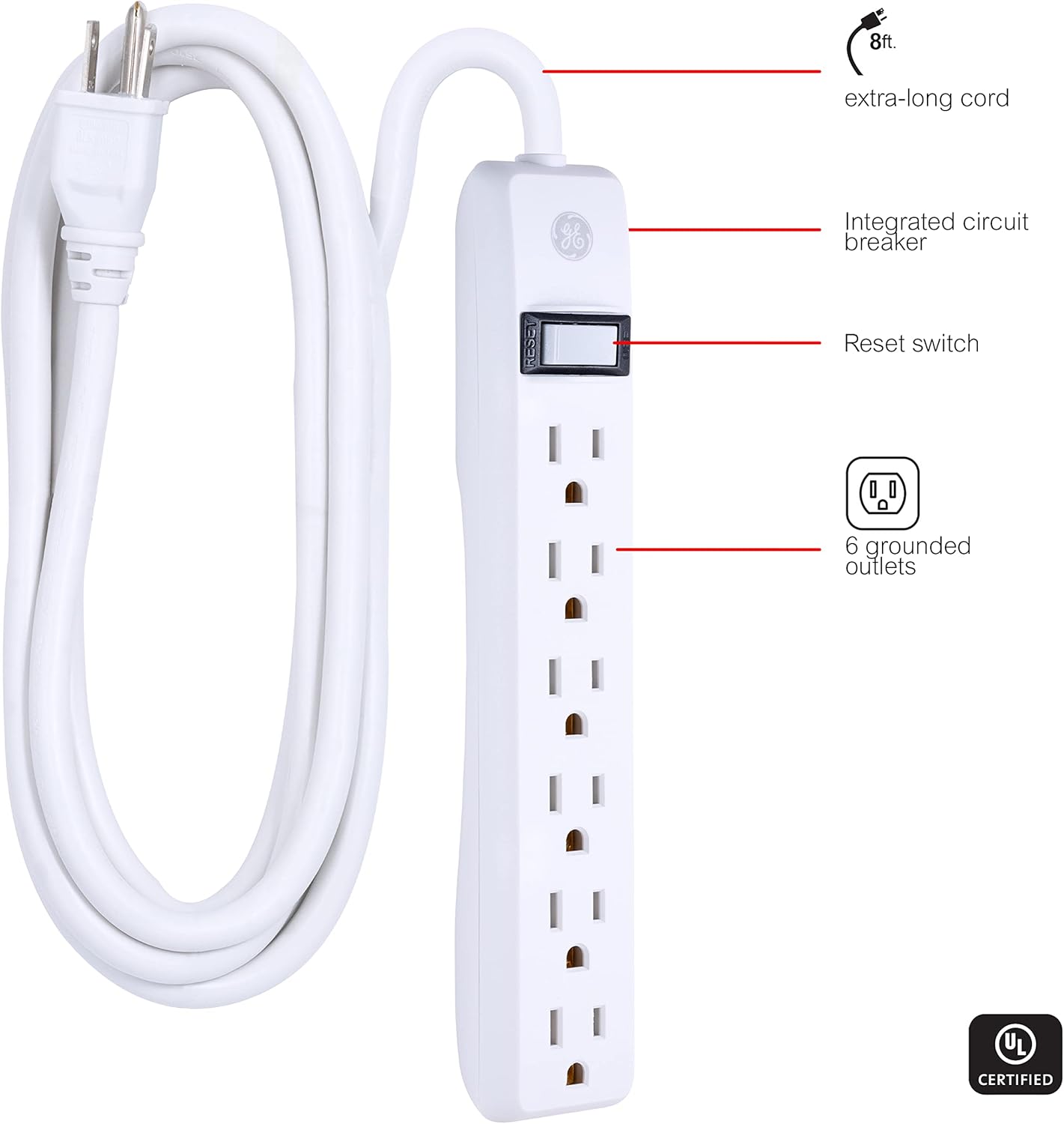GE 6-Outlet Power Strip, 8 Ft Extension Cord, Heavy Duty Plug, Grounded, Integrated Circuit Breaker, 3-Prong, Wall Mount, ETL Listed, White, 67122