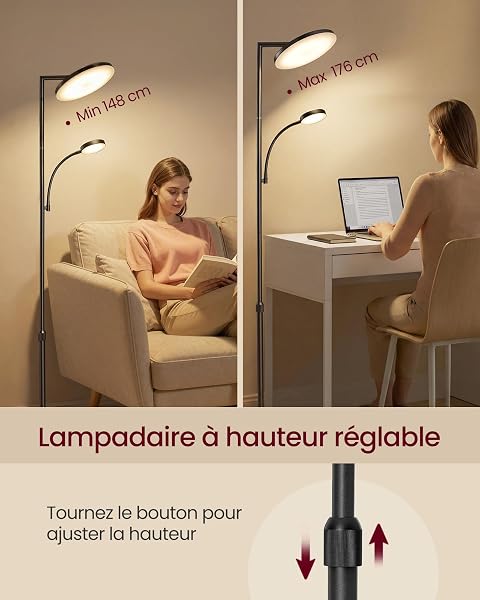 VASAGLE Lampadaire LED Réglable en Hauteur, Lampe sur Pied 42 W, Tête Orientable, pour Chambre, Bureau, Lampe de Lecture, Minuterie, Commande par Boutons et Télécommande, Noir Mat LFL028BD02 - 3