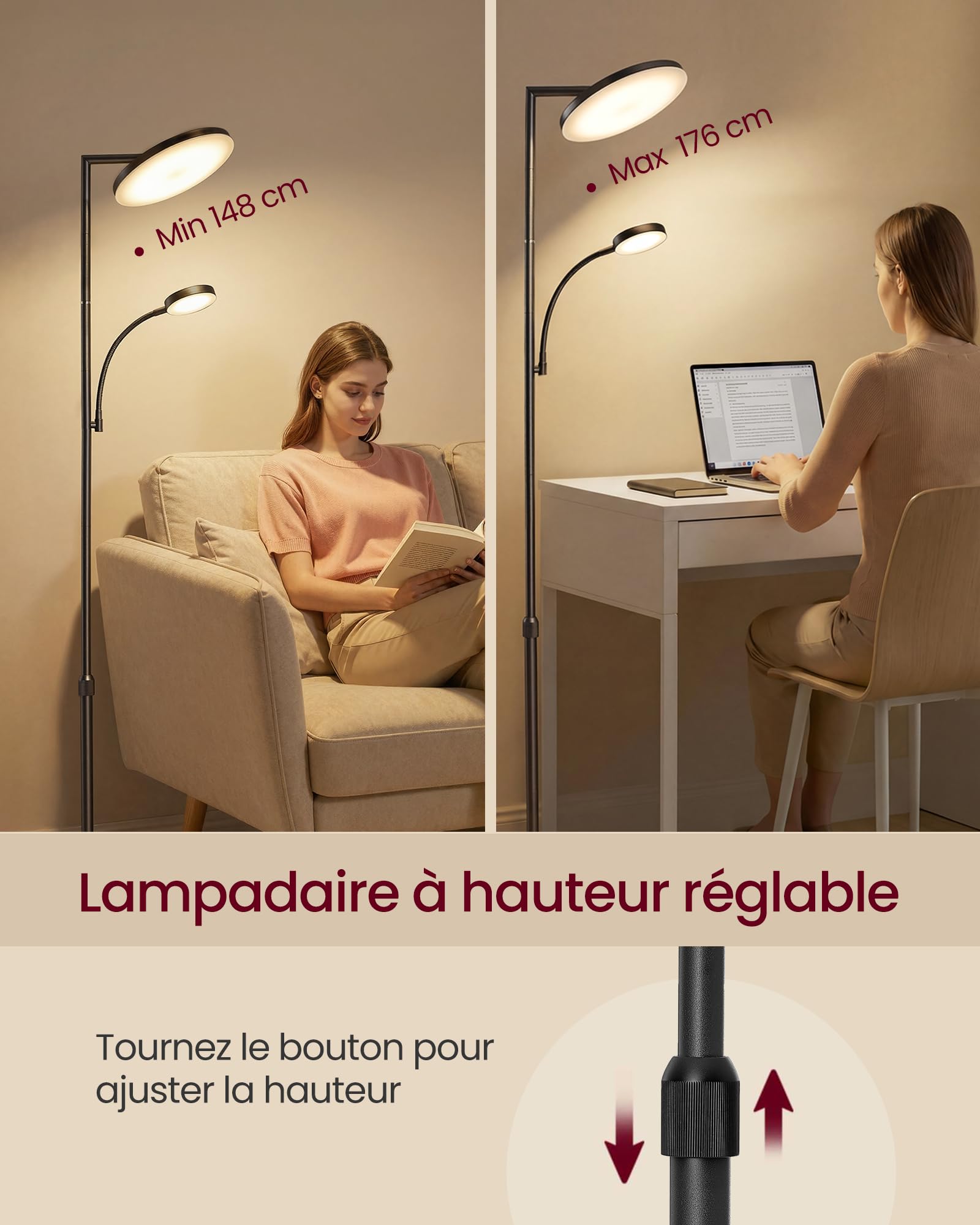 VASAGLE Lampadaire LED Réglable en Hauteur, Lampe sur Pied 42 W, Tête Orientable, pour Chambre, Bureau, Lampe de Lecture, Minuterie, Commande par Boutons et Télécommande, Noir Mat LFL028BD02 - 3