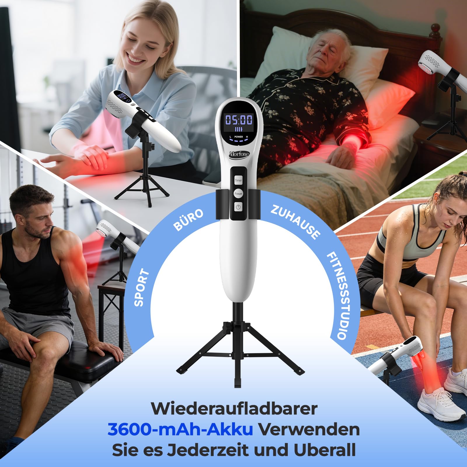 Morfone Rotlicht Handgerät, 5x808nm + 12x650nm, 3600mAh Tragbar Infrarotlampe, 4 Modi Rotlichtlampe zur Muskel, Ganzkörper & Gesicht für Menschen Haustiere, Mit Schutzbrille & Ständer, Weiß