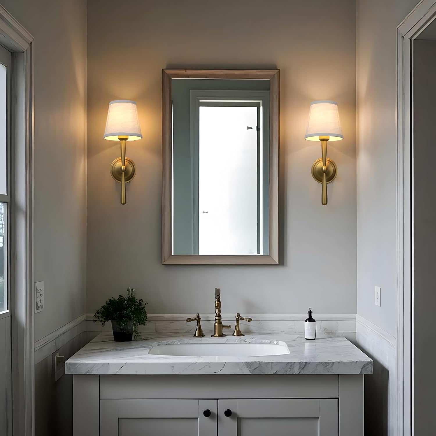 Sconce Wall Lighting with Boho Linen Fabric Shade, E26 Aged Brass Vanity Bathroom Wall Lamp, Hardwired Indoor Wall Light for Living Room Bedside Nightstand Light