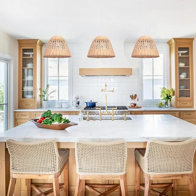 LIGKIN 2 stuks bamboo geweven kroonluchter rotan boho stijl, vintage plafondlamp voor restaurant, keuken en woonkamer photo 2