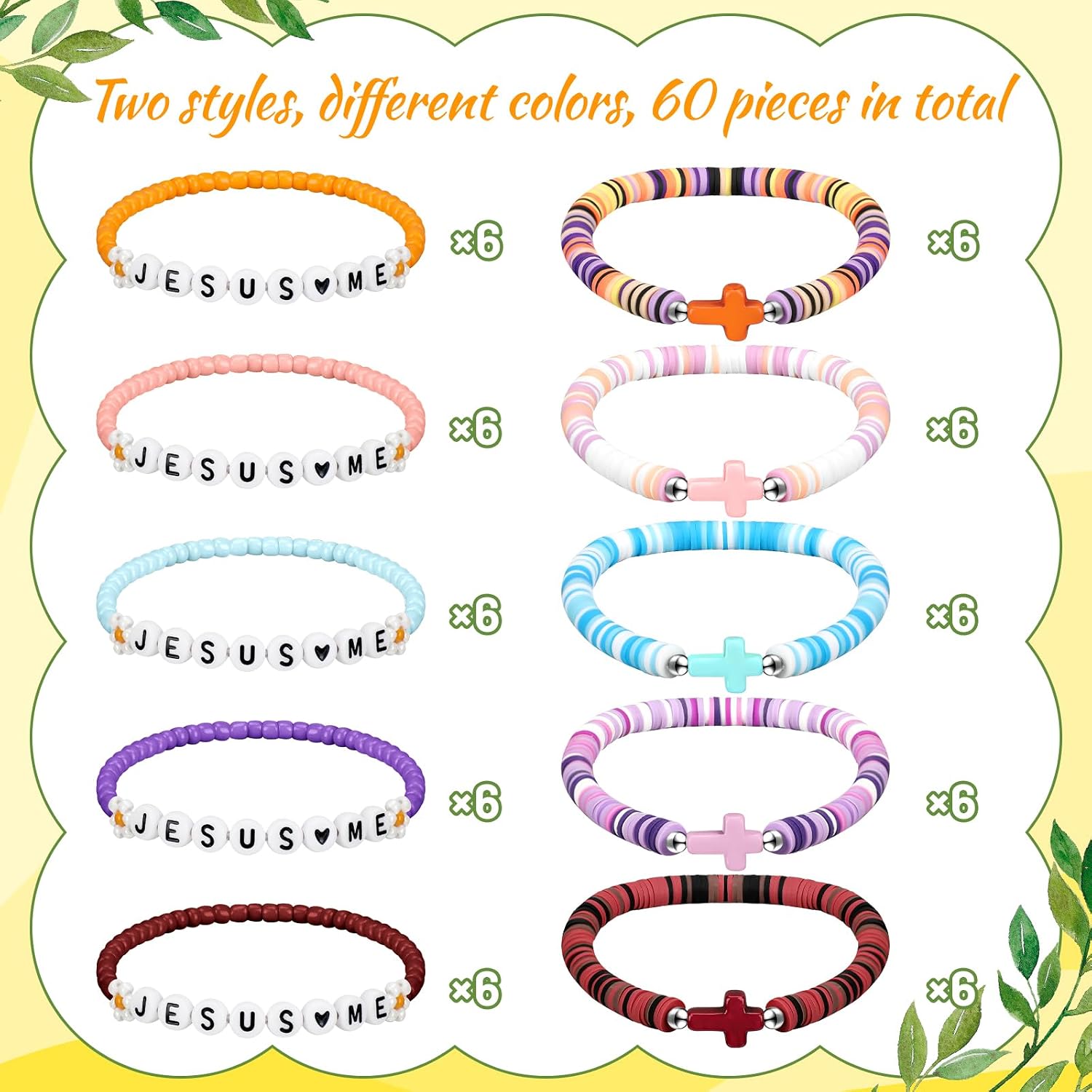 Tondiamo 60 Pcs Jesus Loves Me Christian Bracelets Bulk Colorful Friendship Bracelet for Women Christian Religious Cross Elastic Beaded Wristband for Easter Church Reminder Jewelry Gift