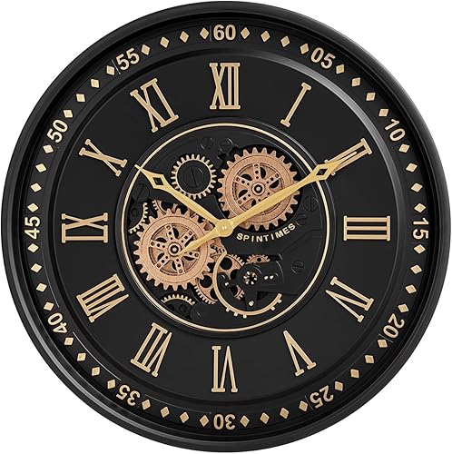 Miniatura 2 de CLXEAST Reloj de pared de 24 pulgadas con engranajes móviles, relojes de pared con números romanos de oro negro para decoración moderna de sala de
