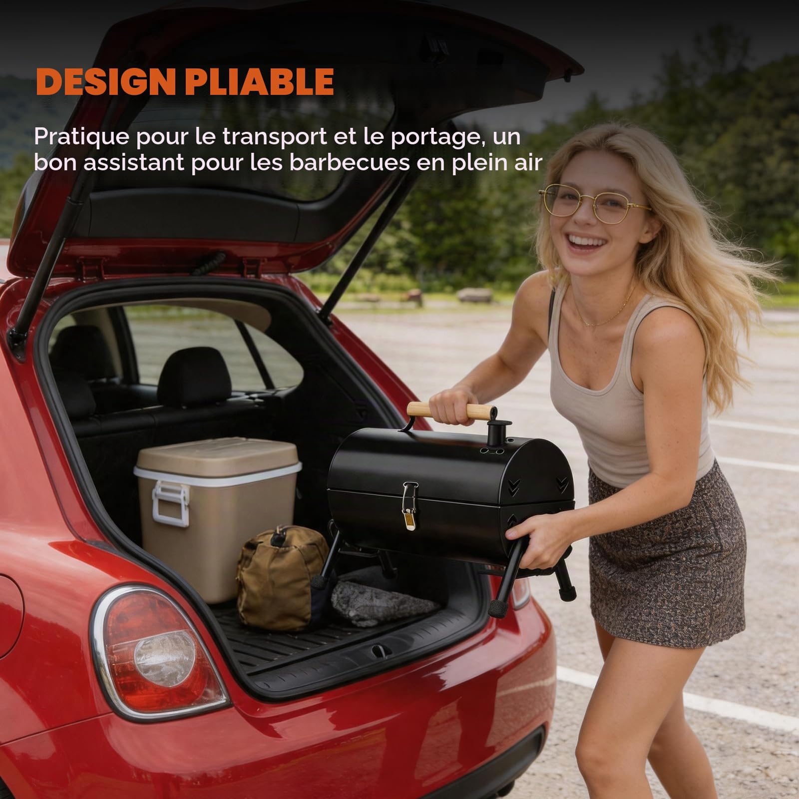 Barbecue charbon de bois portable, fumoir double face avec cheminée, brasero extérieur, 2 grilles et 2 plateaux à charbon, poignée en bois, pour 3-5 personnes, jardin et réunions