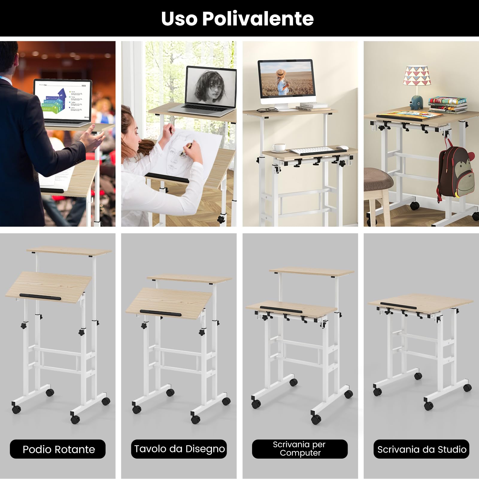 COSTWAY Scrivania per Computer Regolabile in Altezza, Postazione di Lavoro per Computer con Ruote e Ganci, Tavolo Porta PC per Studio e Ufficio, 60 x 60 x 72-124 cm (Naturale)