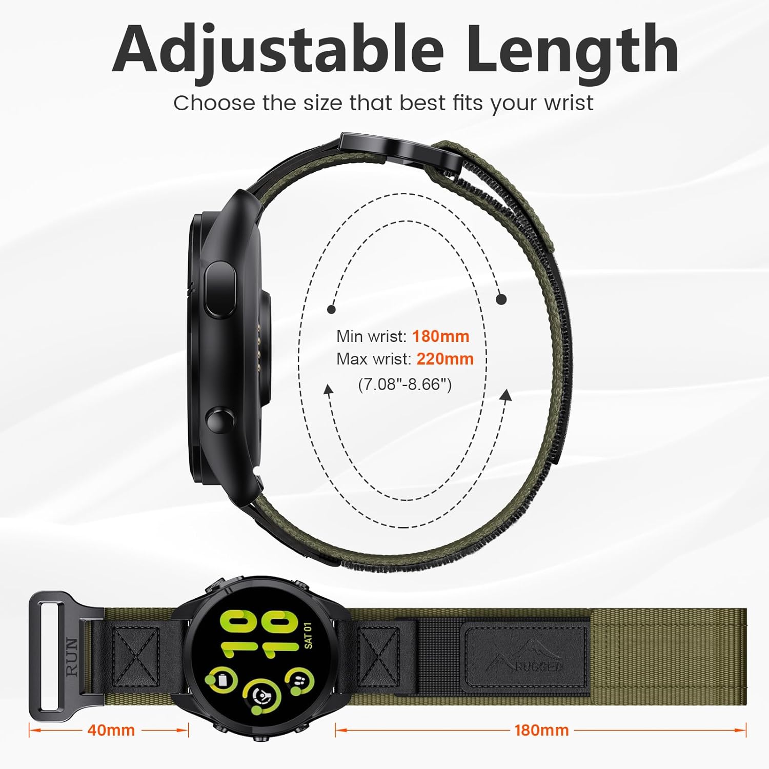 ANCOOL for Garmin Vivoactive 5/3/Forerunner 55/165/245 Watch Bands, 20mm Nylon Watch Band for Venu Sq/Venu 2 Plus/Sq 2 Bands for Galaxy Watch 7/6/5/4/FE 40mm 44mm, Black/Green - Image 4