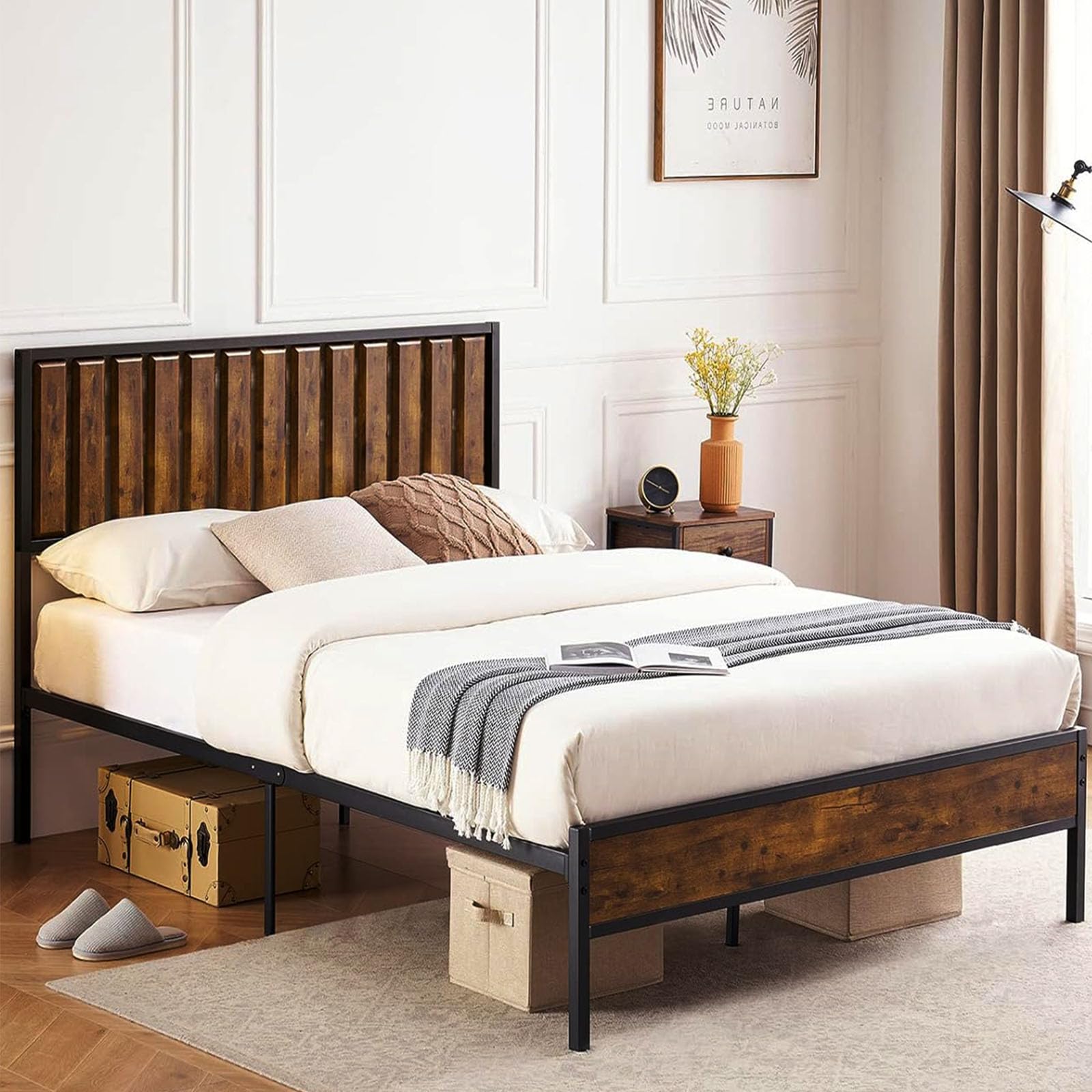 Rustic Full Bed Frame with Headboard, Metal Platform Farmhouse Bed Frames Metal Slat, Sturdy Heavy Duty BedFrame, No Box Spring Needed, Easy Assembly,