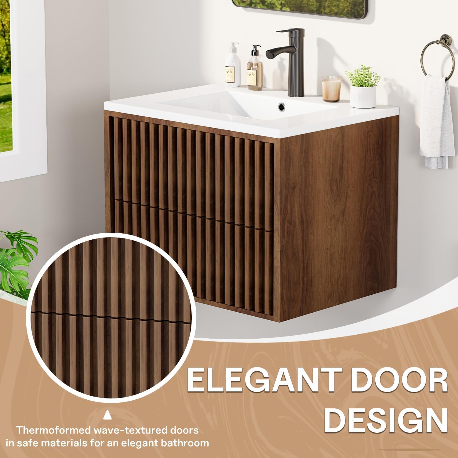 EROMMY 24 Inch Bathroom Vanity with Sink Combo, Floating Vanity with 2 Fluted Drawers, Silent Slides, Floating Wall Mounted Bathroom Cabinet Includes Hardware, Walnut