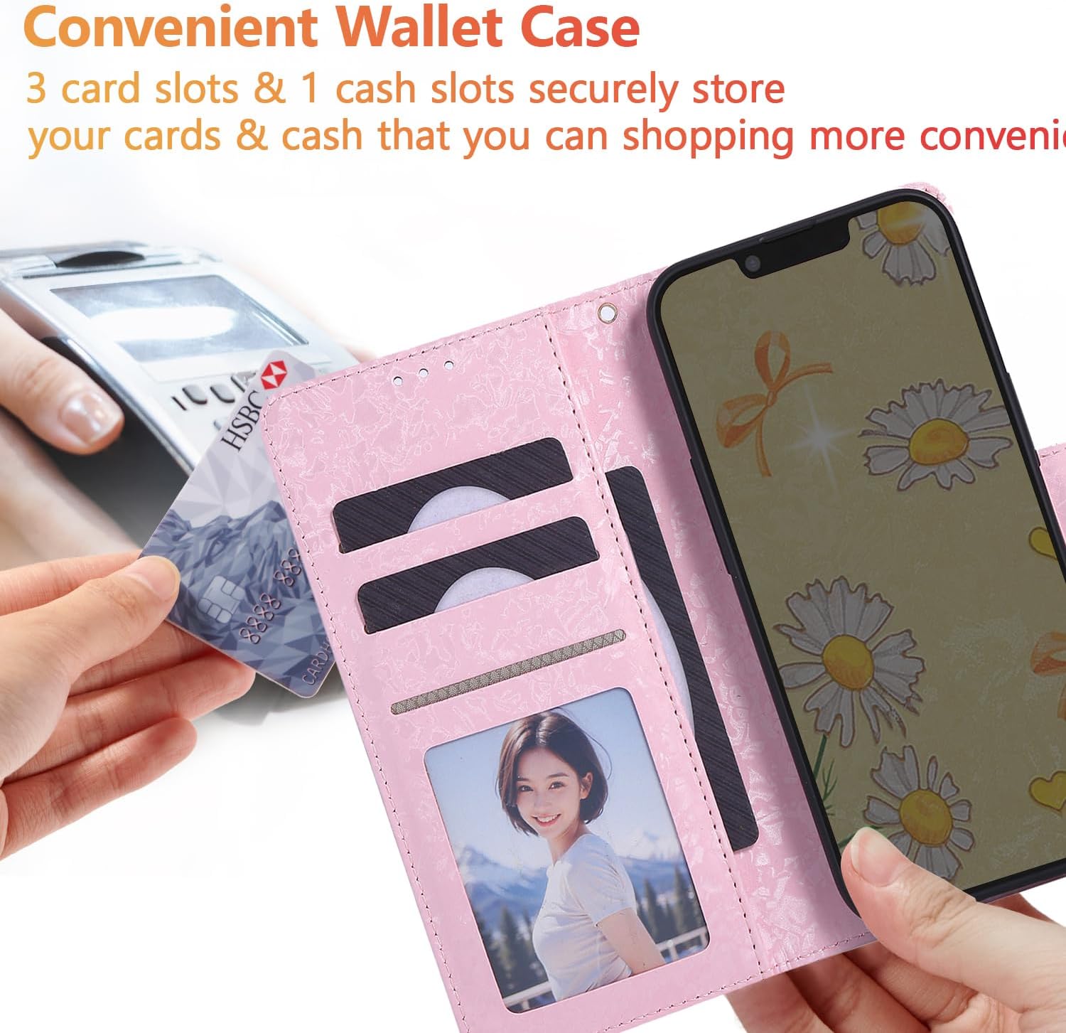 UEEBAI Wallet Case for iPhone 17, PU Leather Phone Cover Kickstand RFID Blocking Flip Case Card Slots Wrist Strap Relief Engraved Pattern Magnetic Closure Flower Folio Wallet, Yellow Daisy image 4