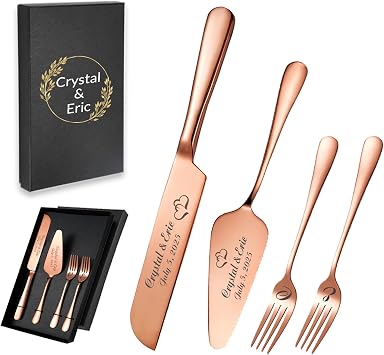 Personalized Wedding Cake Knife and Server Set, Custom Names Cake Cutting Set with Stainless Steel Forks, Customized Bridal Anniversary Birthday Wedding Registry Gifts for Couple Rose Gold