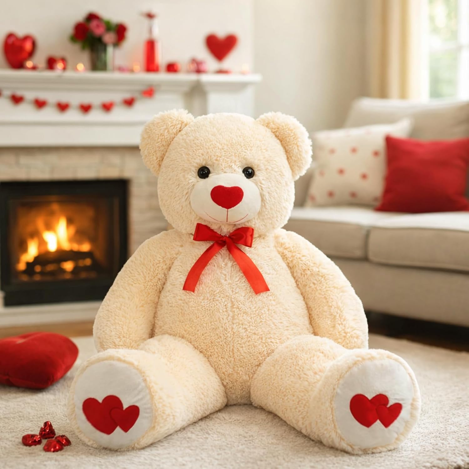 HollyHOME Giant Teddy Bear 4ft Stuffed Animal Large Bear Plush with Red Heart Valentines Anniversary Birthday Gifts for Girlfriend Lover Mom Kids 48 inch Beige
