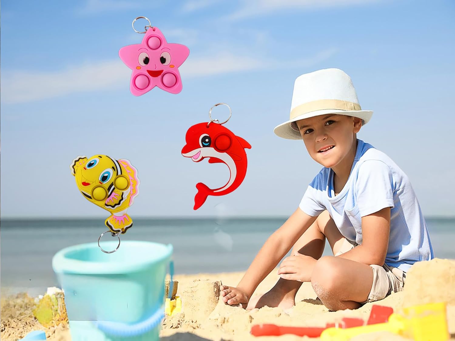 24 Packs Bulk Ocean animals Fidget Bubble Mini Pop Fish Keychain, Holiday Party Favors Supplies Classroom summer Student gifts