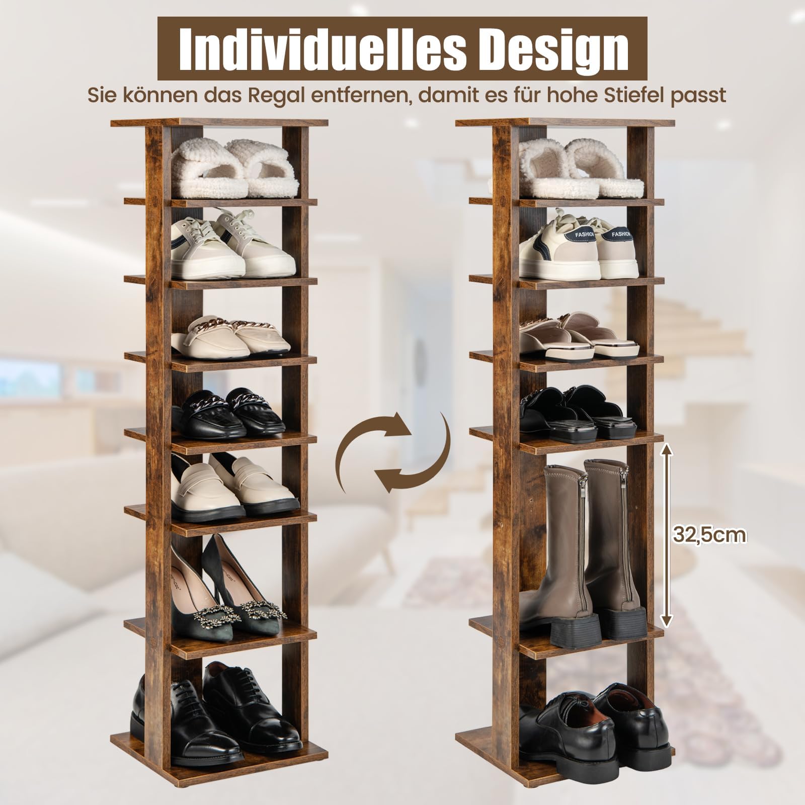 FANTASK 8 stufiges Schuhschrank, Schuhständer Schuh-Organizer aus Holz höhenverstellbar, Standregal, Schuhregal schmal vertikal, Freistehender Eckregal für Eingang & Flur (Braun)