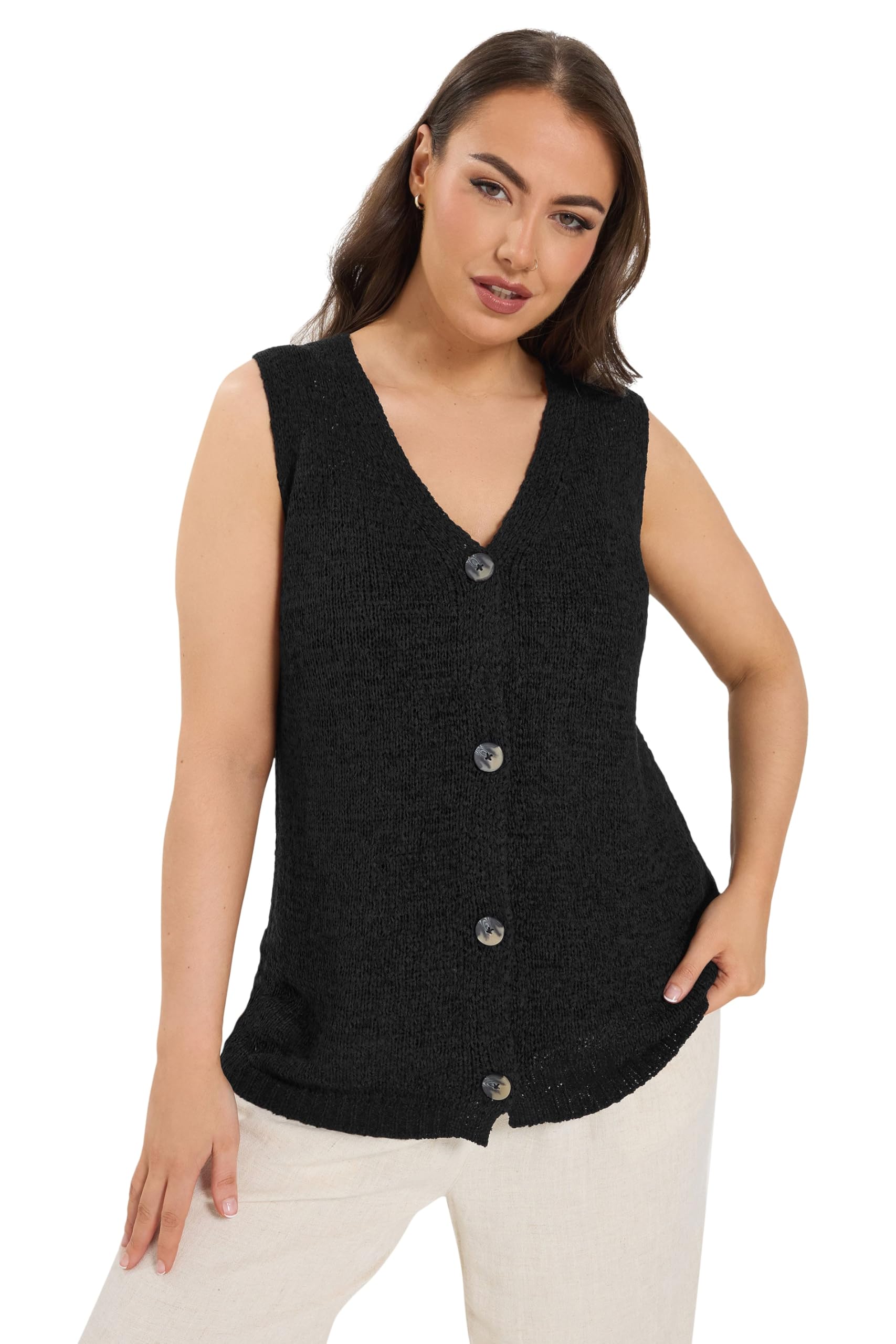 Yours Women's Black Button Through Knitted Waistcoat In | Size: 14/16