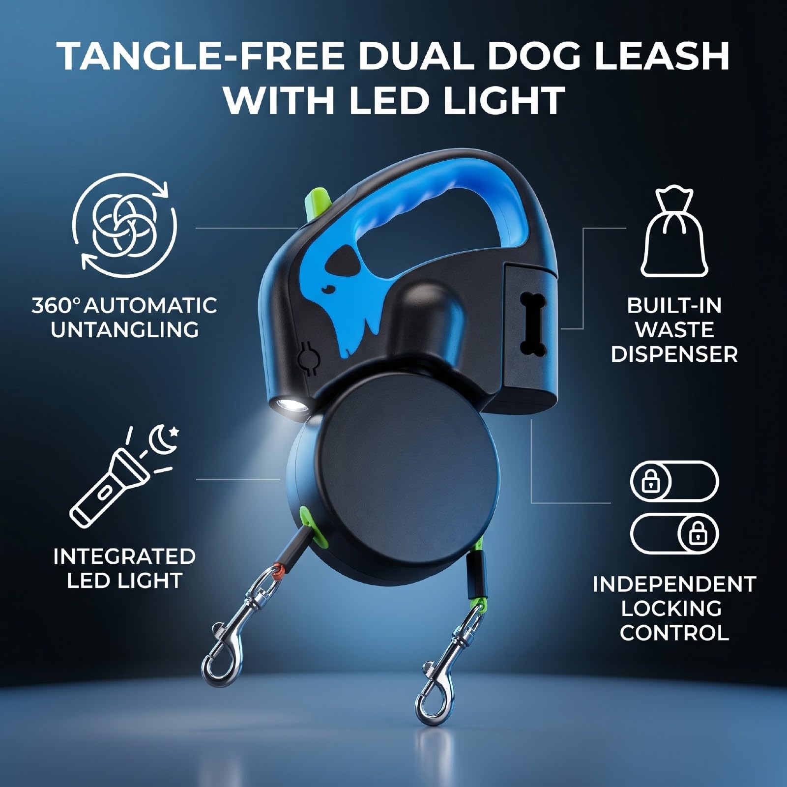 banapoy Guinzaglio Doppio Retrattile per Cani, Guinzaglio Doppio Telescopico Automatico a 360 Gradi per Cani da Passeggio, Antigrovigli con Luce LED e Dispenser per Sacchetti per Rifiuti per di (3