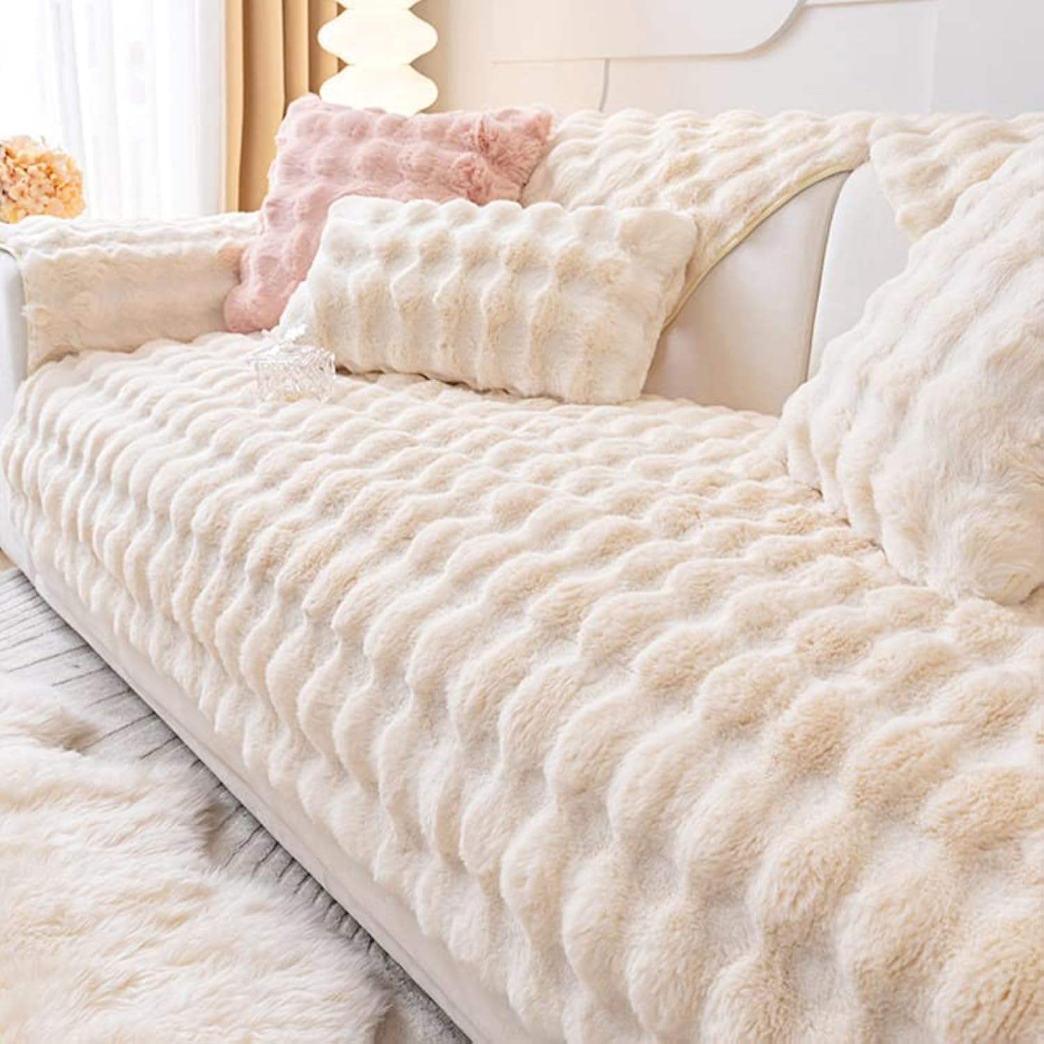 LUBOSE Plush Sofa Cushion Super Soft Thickened Plush Cushion Anti-Skid Leather Sofa Cover Sofa Towel Sofa Cover(70 * 90CM, Pink)