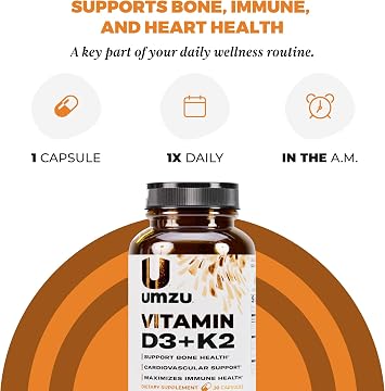 UMZU Vitamin D3 K2 Supplement, (30 Day Supply) MK-4 & MK-7 Bone Density, Calcium Absorption & Immune Support Heart and Joint Wellness Daily Support Vitamin D3 K2 Bone Health Supplement
