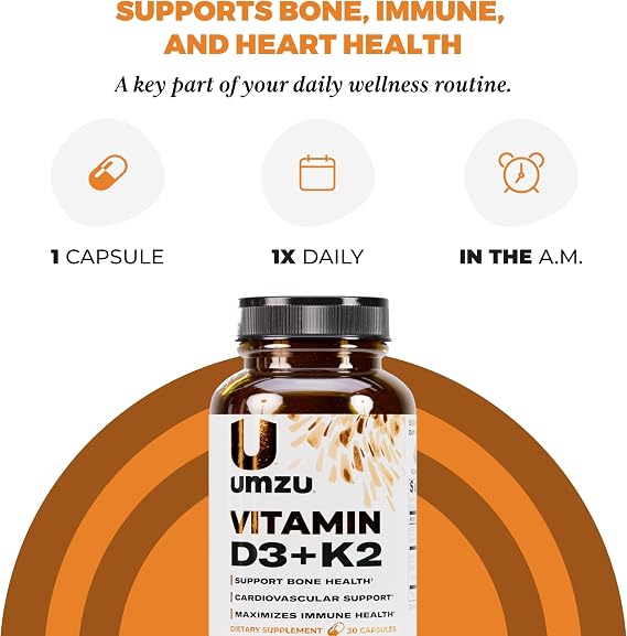 UMZU Vitamin D3 K2 Supplement, (30 Day Supply) MK-4 & MK-7 Bone Density, Calcium Absorption & Immune Support Heart and Joint Wellness Daily Support Vitamin D3 K2 Bone Health Supplement