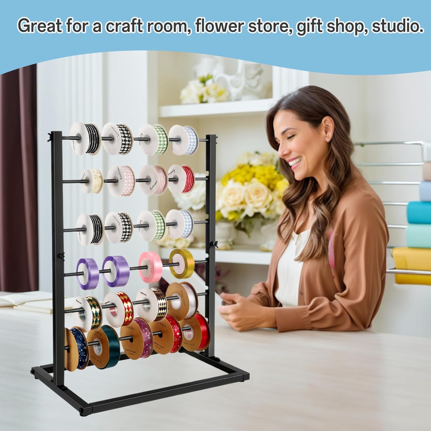 6 Tier Ribbon Organizer Rack - Metal Large Capacity Ribbon Holder for Craft Ribbon Washi Tape Arts & Crafts Supplies, Ribbon Storage Ribbon Rack for Craftroom, Florist Arts Wrapping, Cake Shop(White)