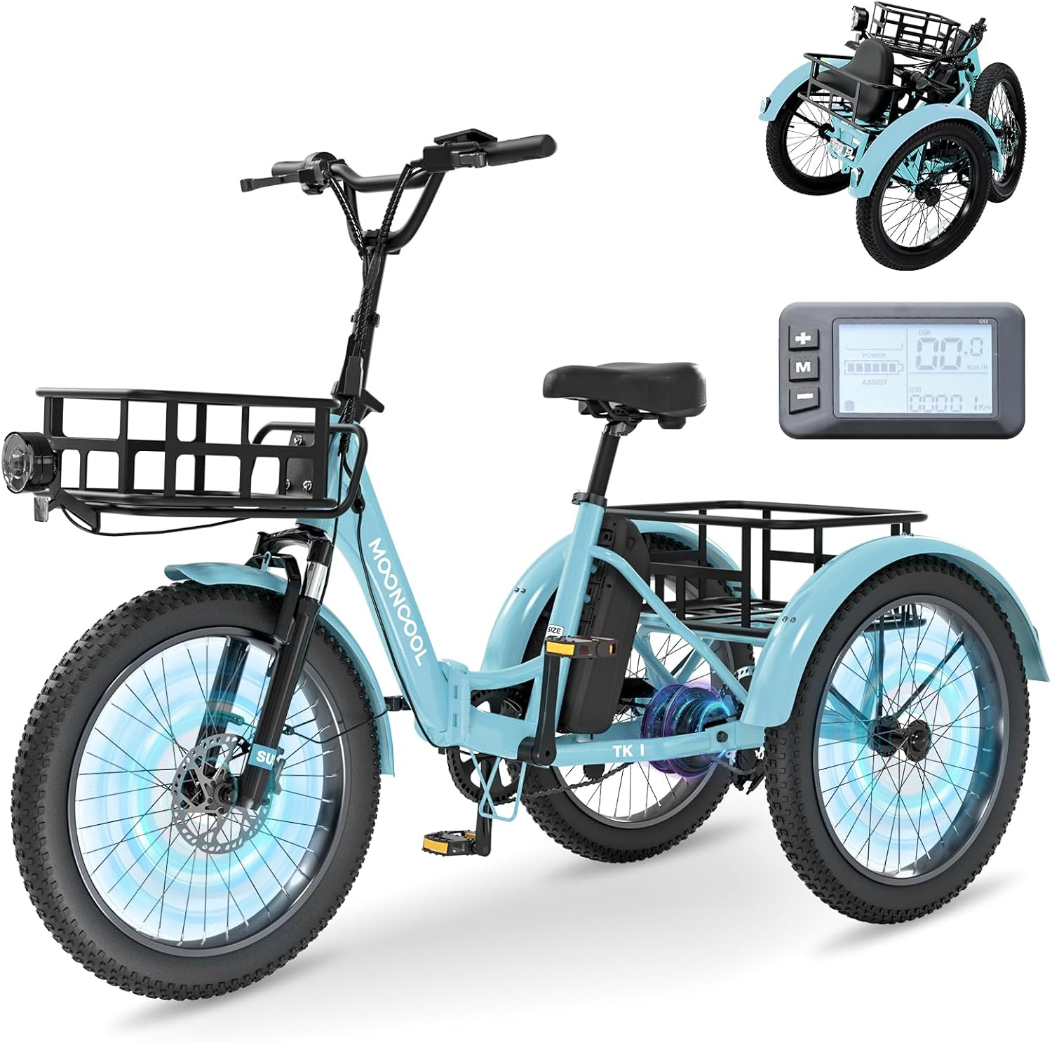 MOONCOOL Electric Tricycle for Adults, 500W/750W 48V 20" Folding Electric Trike Peak Power 1100W, 3 Wheels Electric Bicycle, Aluminum Frame Electric Tricycle with Large Basket and Removable Battery