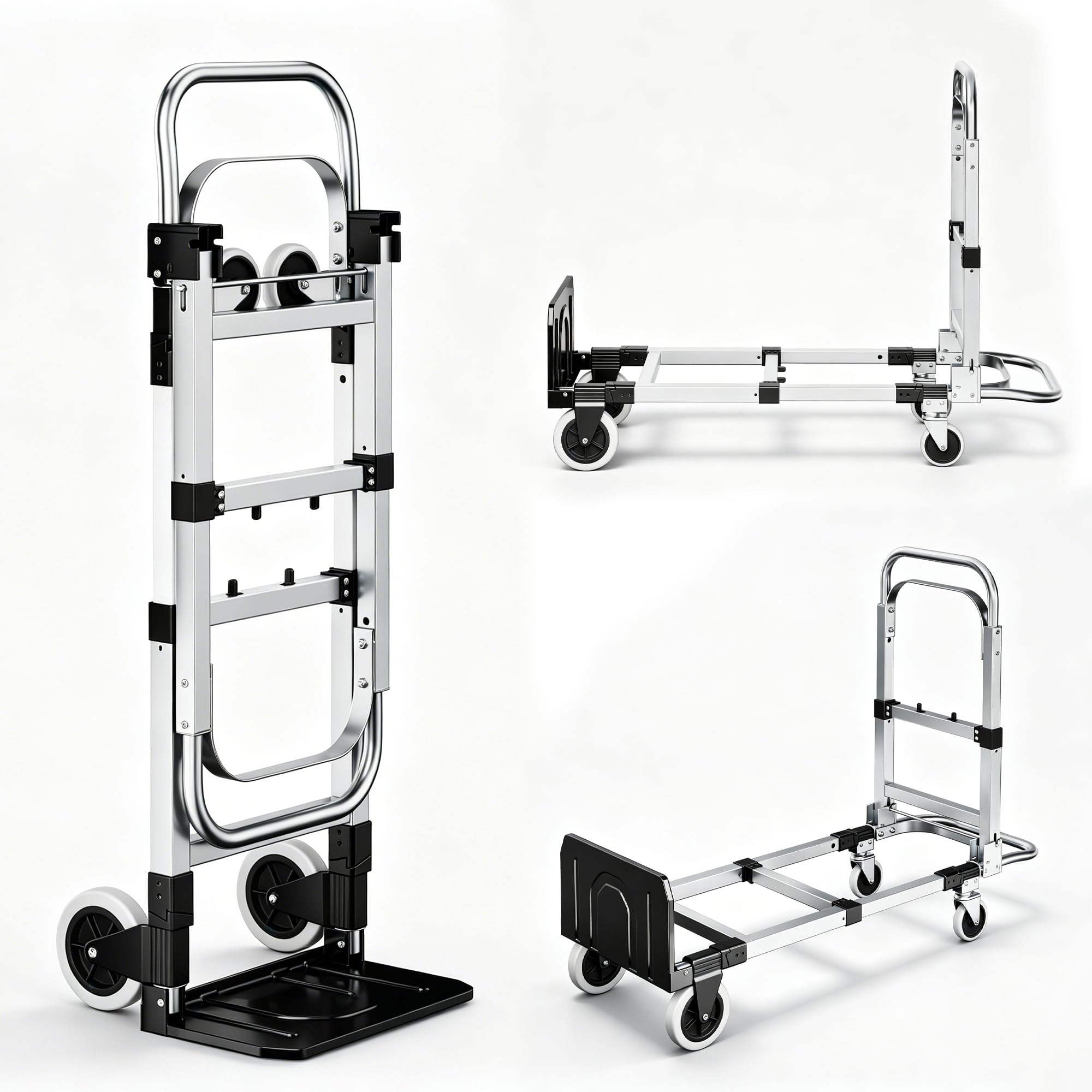 LITEKON 2IN1 Sackkarre Klappbar MAX 272KG,Silber Transportwagen mit vollgummireifen,111cm Teleskopgriff Schwerlast Plattformwagen 2 Expanderseilen,für Umzüge von Haushalten und Lagern Silber
