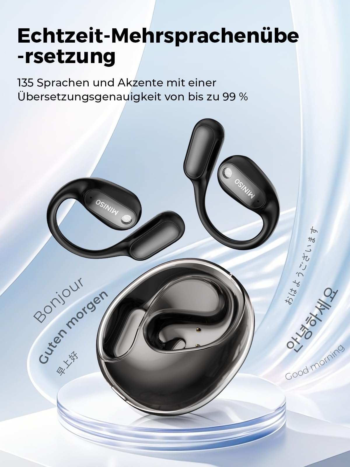MS190 KI Übersetzer Kopfhörer 3-in-1, Übersetzungskopfhörer in echtzeit mit 134 Sprachen & 8 Modi, ai kopfhörer übersetzer mit APP, Bluetooth 6.0, 60H Übersetzungs Ohrhörer für Geschäft, Lernen