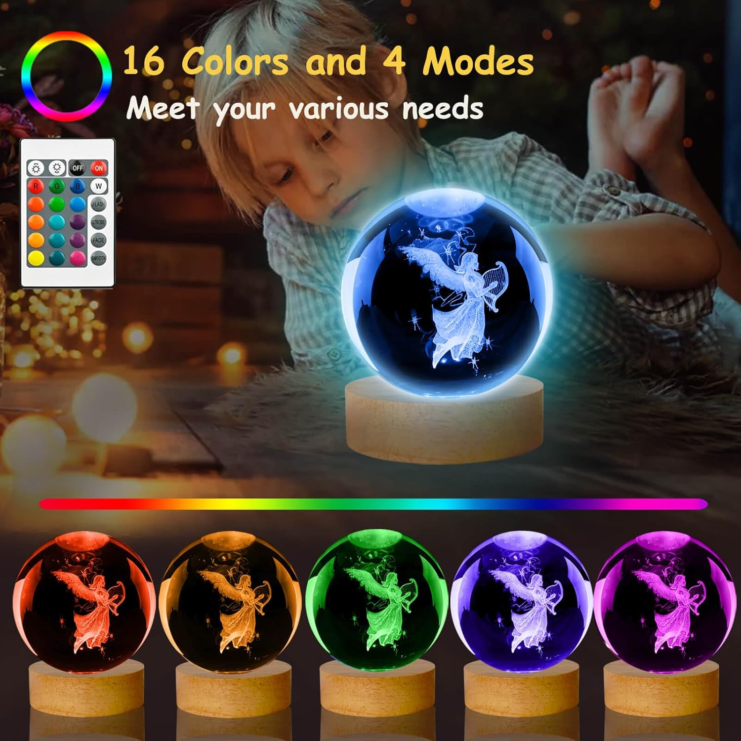 Guardian Angel Crystal Ball Lamp,16 Colors Glass Angels Figurine Ball Night Light with Wooden Base and Remote Control, Angels Gifts and Birthday Gift for Women Men Kids (Angel)