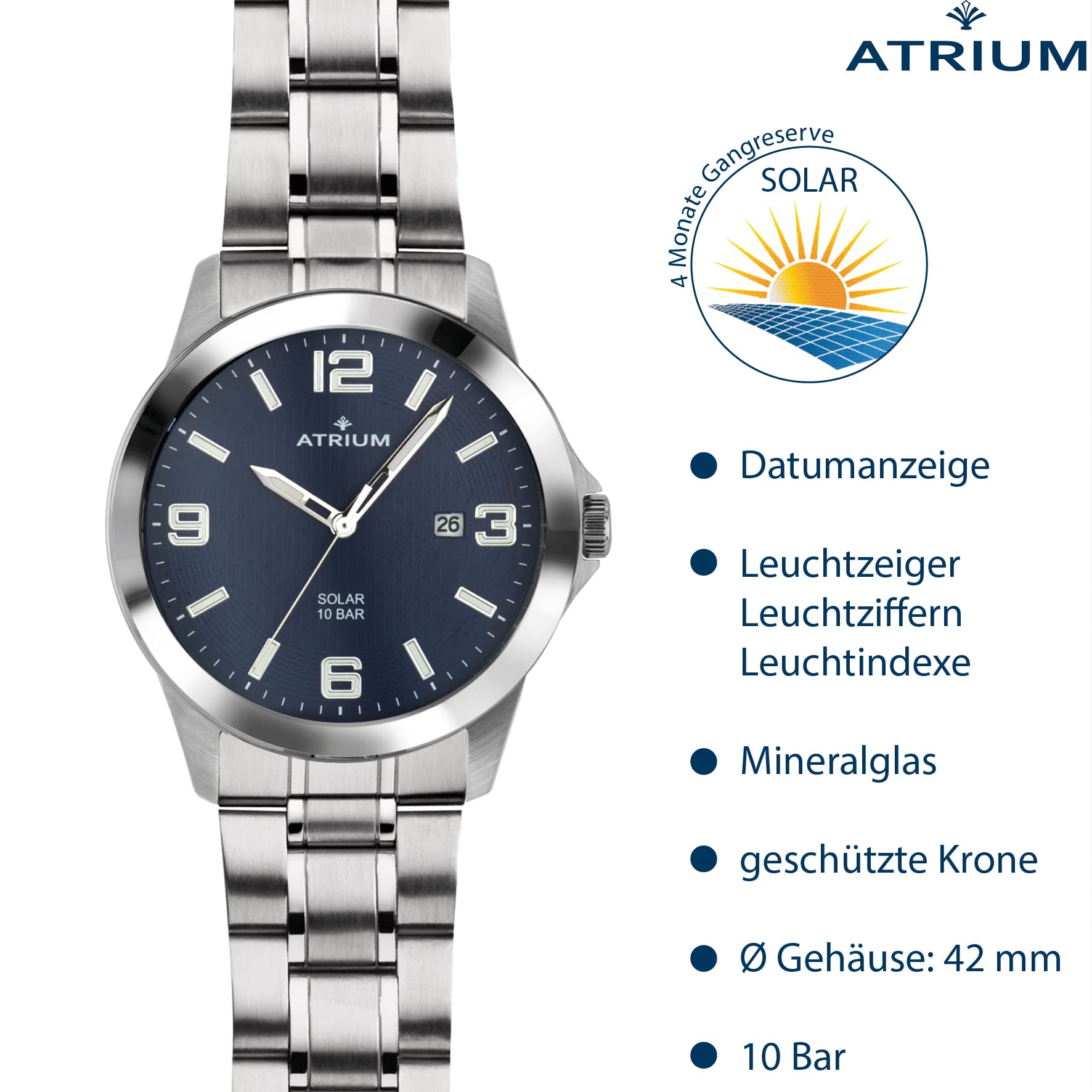 Atrium Herren-Armbanduhr Solar Edelstahl Analog 10 bar mit Edelstahl Armband und Datum Anzeige silberfarben blau A32-35