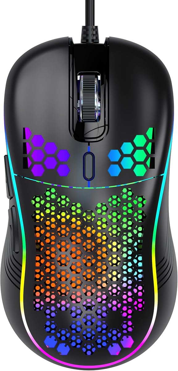 DC G40U Ratón Gaming con Cable, Diseño Ergonómico de Panal RGB, 4 Niveles DPI (1200/2400/4800/7200), Sensor Óptico, Plug and Play, Compatible con PC, Mac, Tablet (Negro)